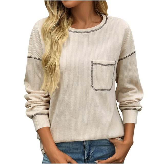 cfhntfmh Women's Ribbed Sweater Crew Neck Long Sleeve Shirts 2024 Fall Loose Solid Knit Pullover with Pockets