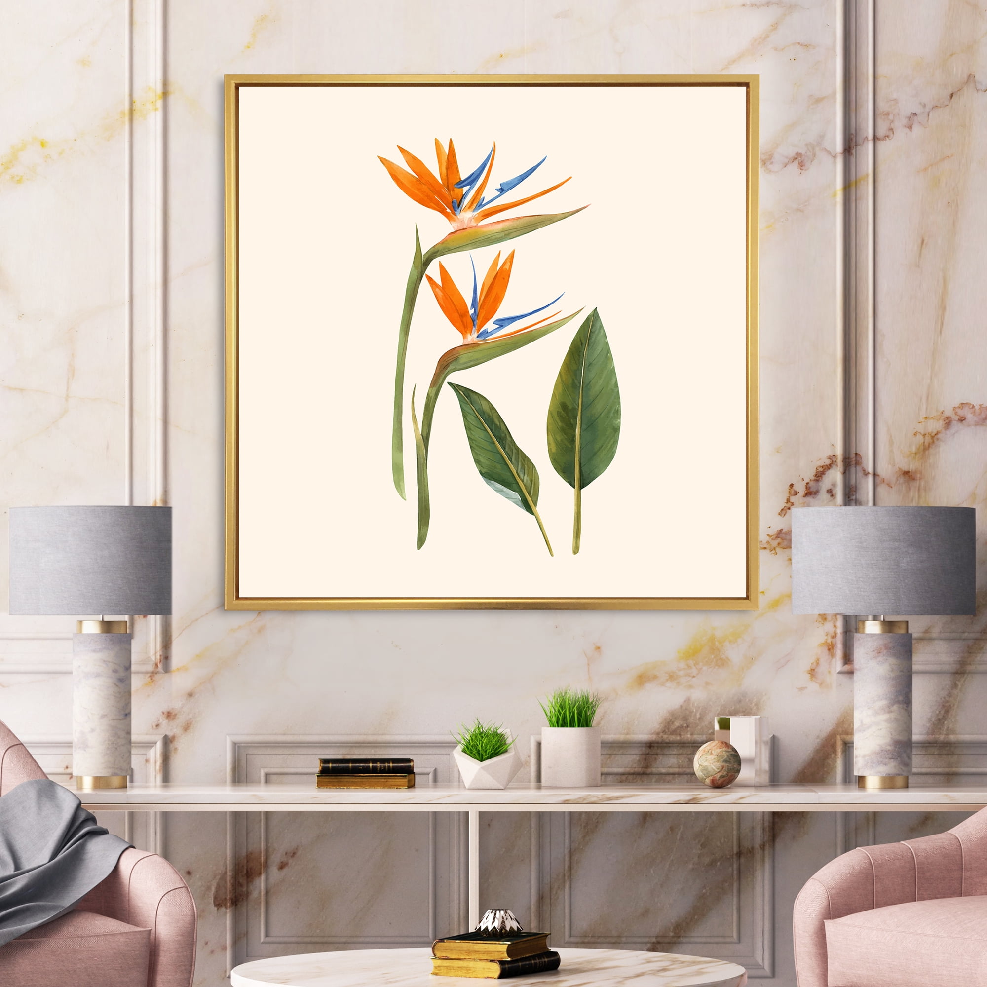Designart 'Ancient Strelitzia Flowers' Traditional Framed Canvas Wall Art Print