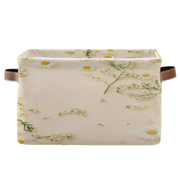 White Small Daisy Foldable Storage Basket,Canvas Fabric Foldable Storage Bins with Handles Open Home Storage Bins Boxes for Toy Book Shelf Closet Baskets