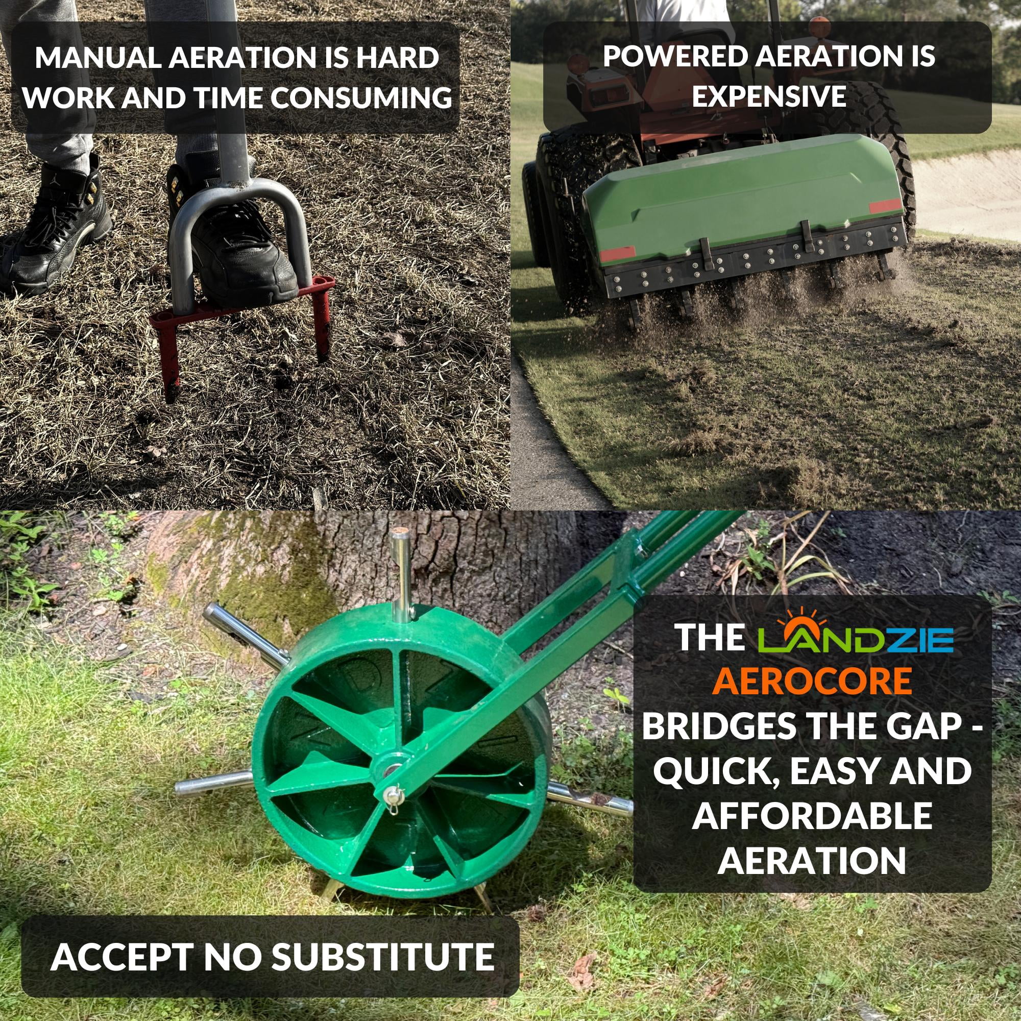 Landzie AeroCore Rolling Lawn Aerator – Manual Core Plug Aerator with Chamfered Hollow Tines – Heavy-Duty Aerator Lawn Tool for Grass and Soil – Push Yard Aerator Aeration Tool for Lawn Plugs