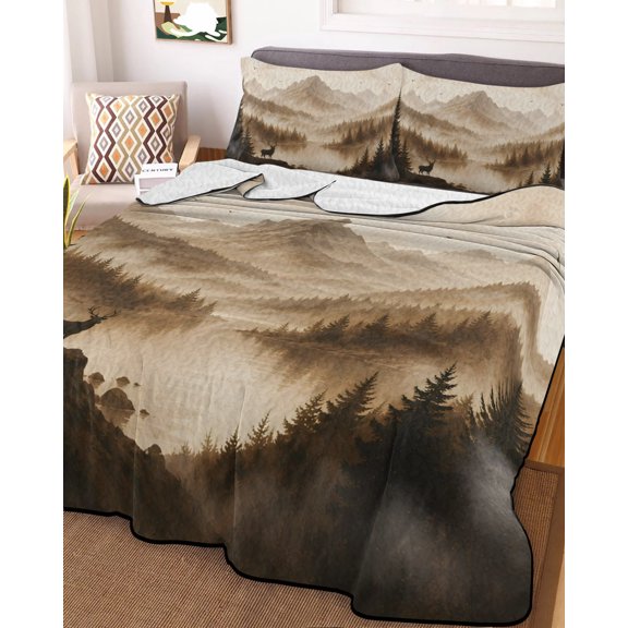 Full Quilt Bedding Set, Nature Mountain Pine Forest Lightweight Coverlet Summer Comforter Set Soft Microfiber Bedspread, Misty Landscape Deer River 3 Piece Quilt Set with 2 Pillow Shams