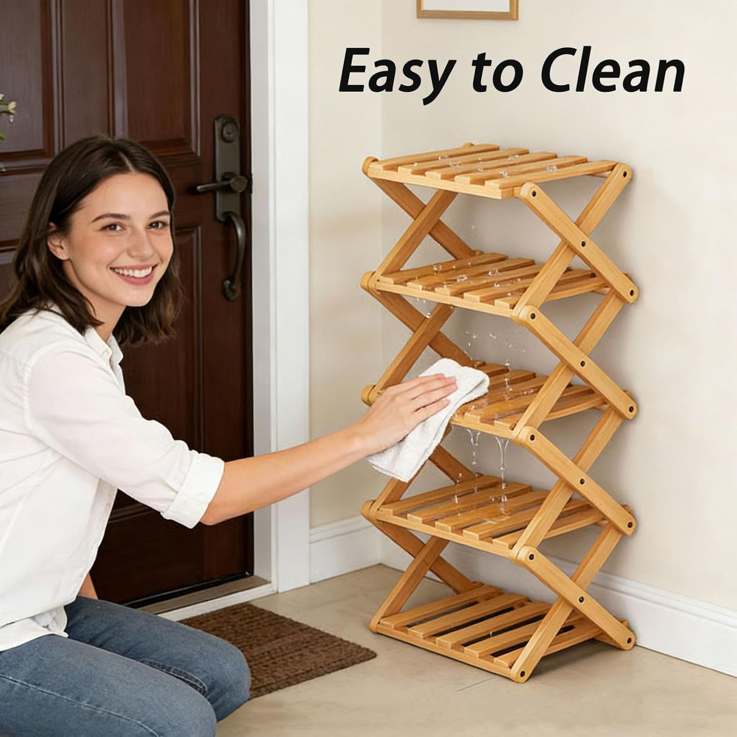 9-Tier No-Assembly Bamboo Folding Shoe Rack – Accordion Corner Shoe Shelf, 10+ Pairs Capacity, Slim Vertical Storage for Entryway, Closet & Dorm