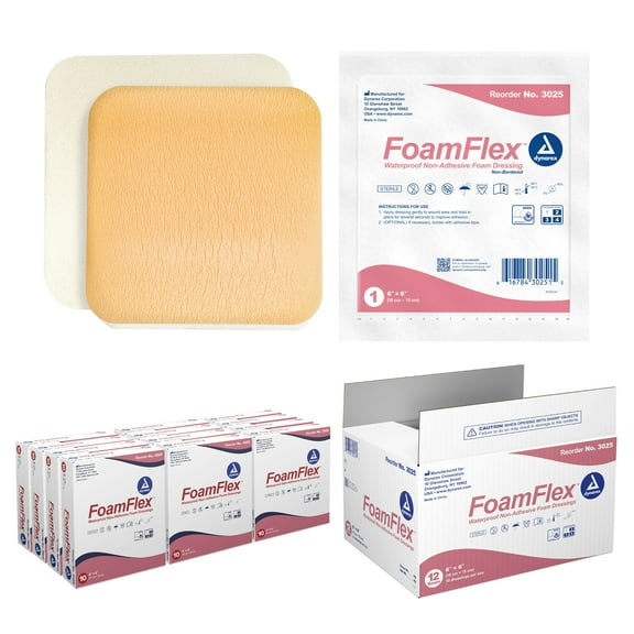 Dynarex FoamFlex Non-Adhesive Waterproof Foam Dressings - 6" x 6", Breathable and Highly Absorbent Foam Dressings for Wounds, 12 Boxes of 10