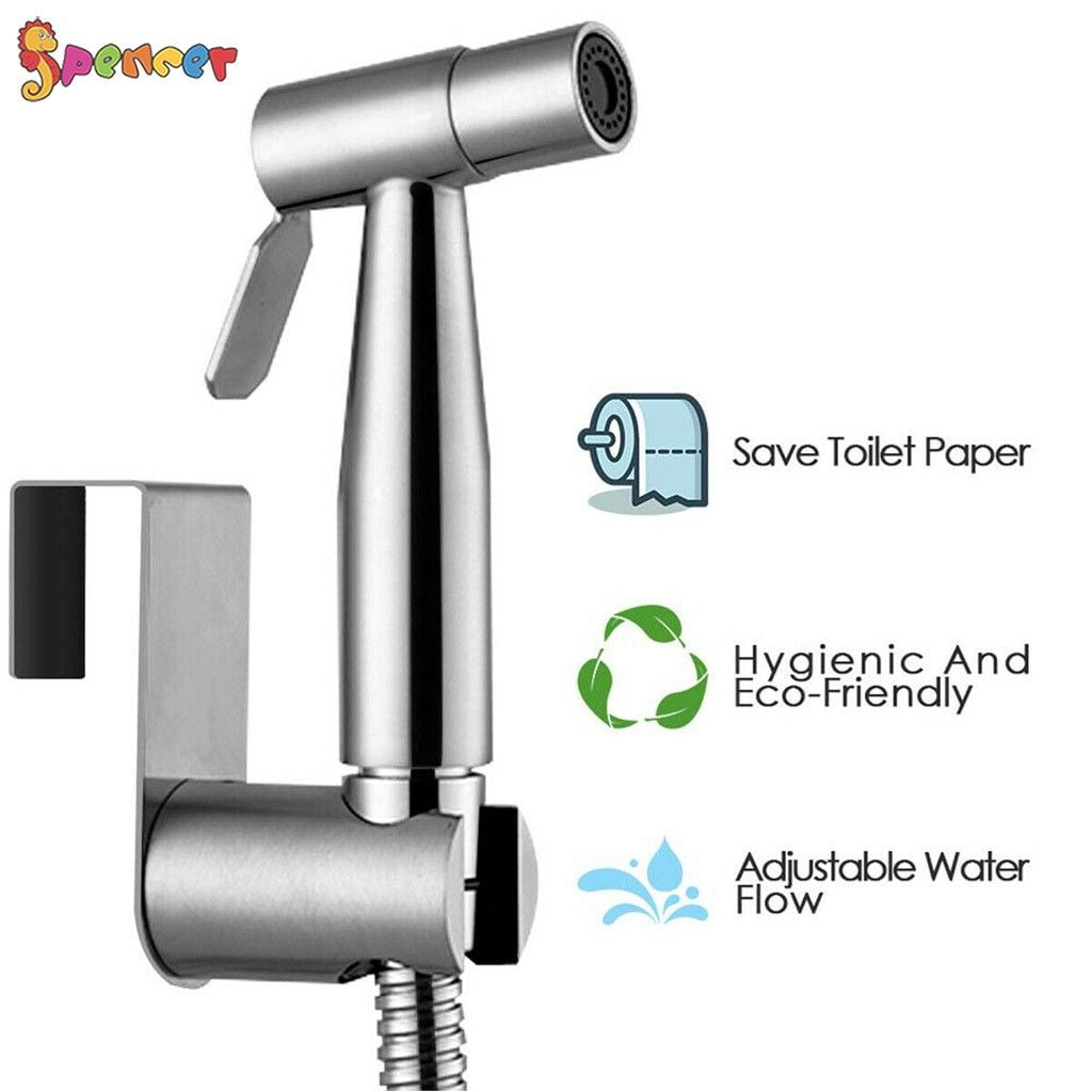 Spencer Hand Held Bidet Toilet Sprayer Kit Stainless Steel Toilet Shattaf Bidet Shower Sprayer Bathroom Cloth Diaper Washer with 7.8" T-Adapter Valve Hose for Pet Bath for Pet Bath