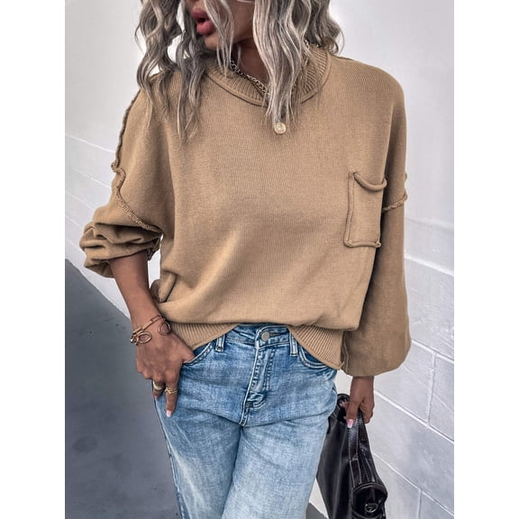 Exposed Seam Lantern Sleeve Ribbed Trim Sweater