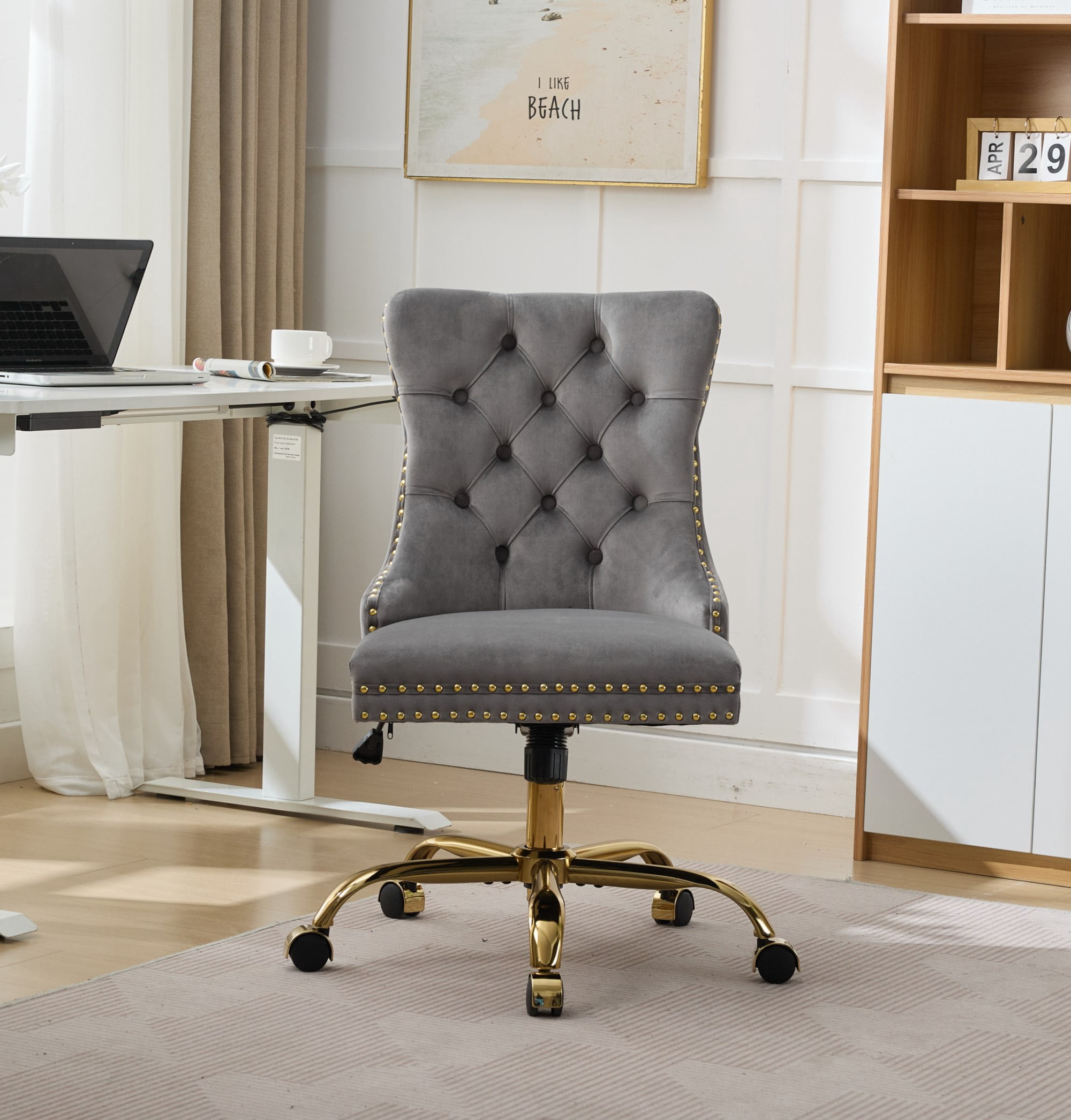SESSLIFE Swivel Vanity Chair, Modern Office Chair with Wheels, Golden Metal Base, Velvet Upholstered Tufted Button Home Office Chair with Adjustable Height, Ergonomic Home Desk Chair, Grey