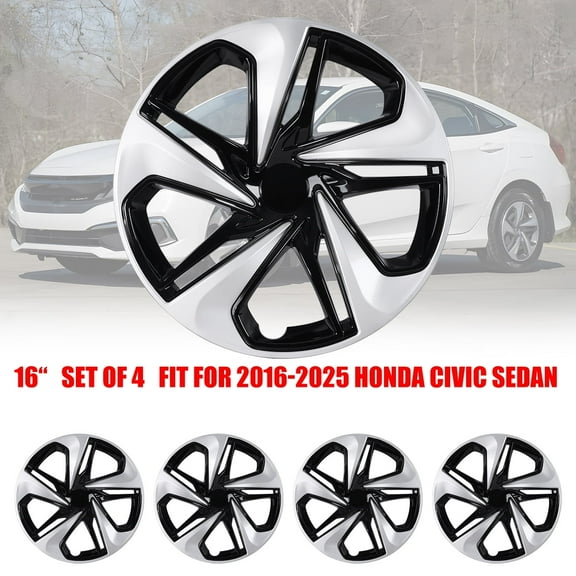 16" Set of 4 Hubcaps Wheel Rims Cover for 2016-2025 Honda Civic Sedan Compatible with Steel Wheels Snap on Installation(16-inch,Silver Lacquer & Black Lacquer)