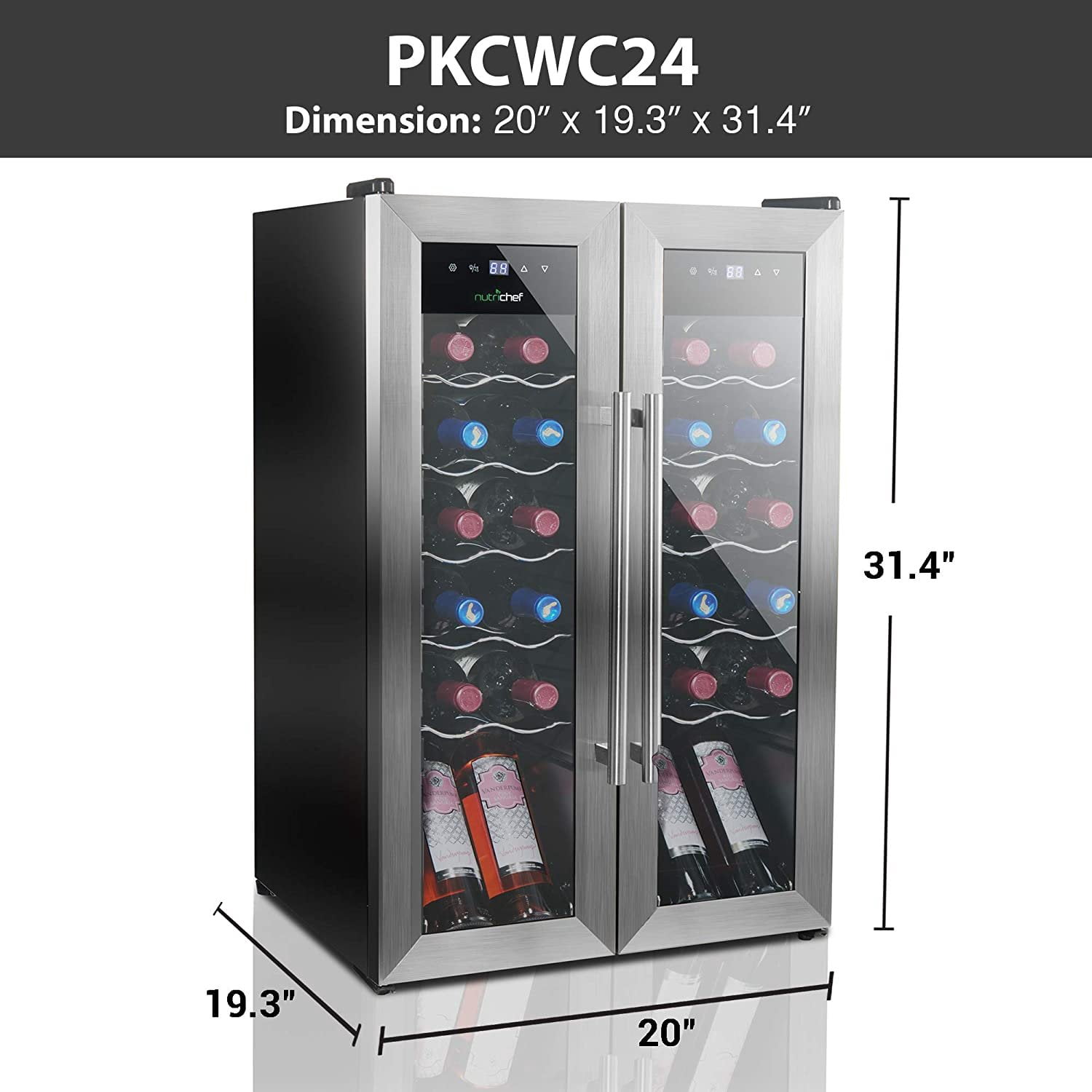 24 Bottle Wine Cooler Refrigerator - White Red Wine Fridge Chiller Countertop Wine Cooler - Freestanding Compact Mini Wine Fridge 24 Bottle w/ Digital Control, Stainless Steel Door - NutriChef PKCWC24