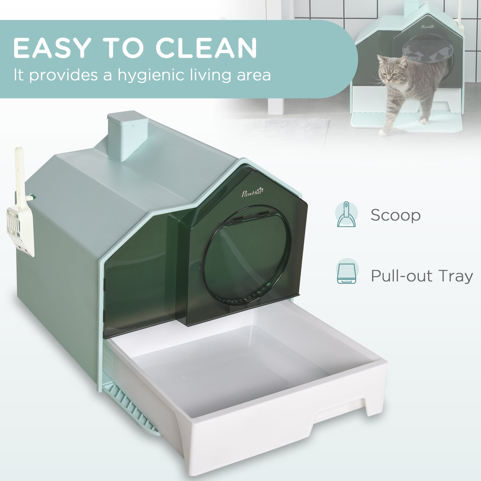 Hooded Cat Litter Box with Litter Mat Odor Control Pull-Out Drawer Handle Scoop Enclosed Kitty Litter Pan Light Blue