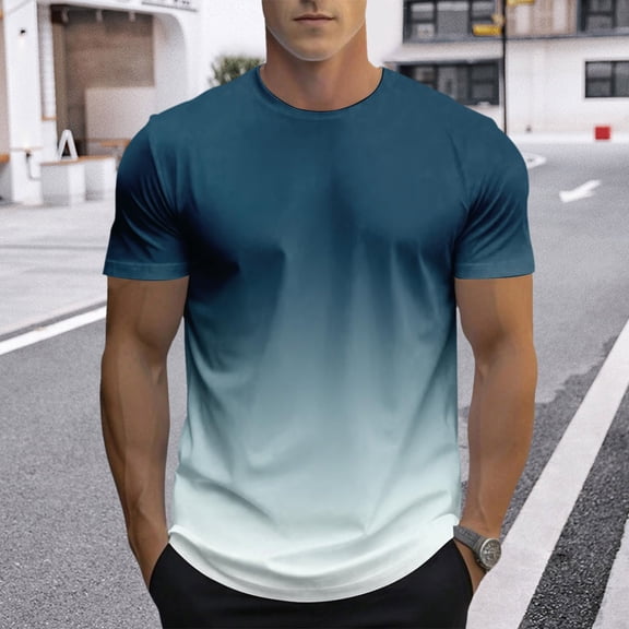 Men's Gradient Color T-Shirt Short Sleeve Crewneck Tee Tops Summer Basic Shirt (Sky Blue S)