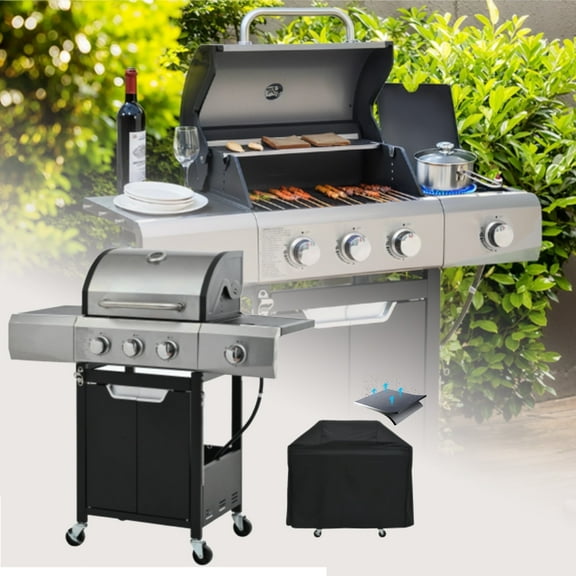 Propane Grill 3 Burner Barbecue Grill Stainless Steel Gas Grill with Side Burner and Cover for Outdoor BBQ, Camping