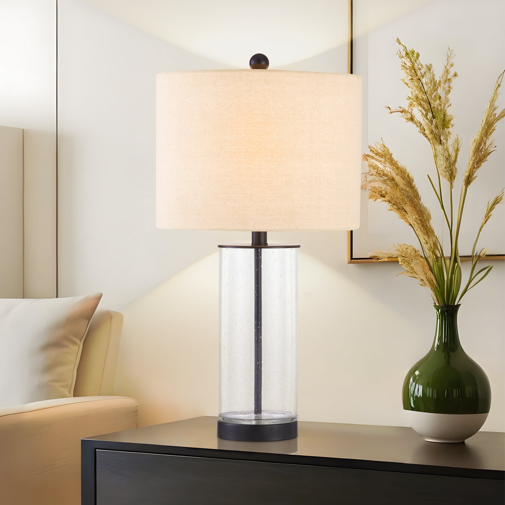 Maxax 23.75" Glass Table Lamps Set of 2, 3-Way Dimmable Black Nightstand Lamps for Living Room Bedroom