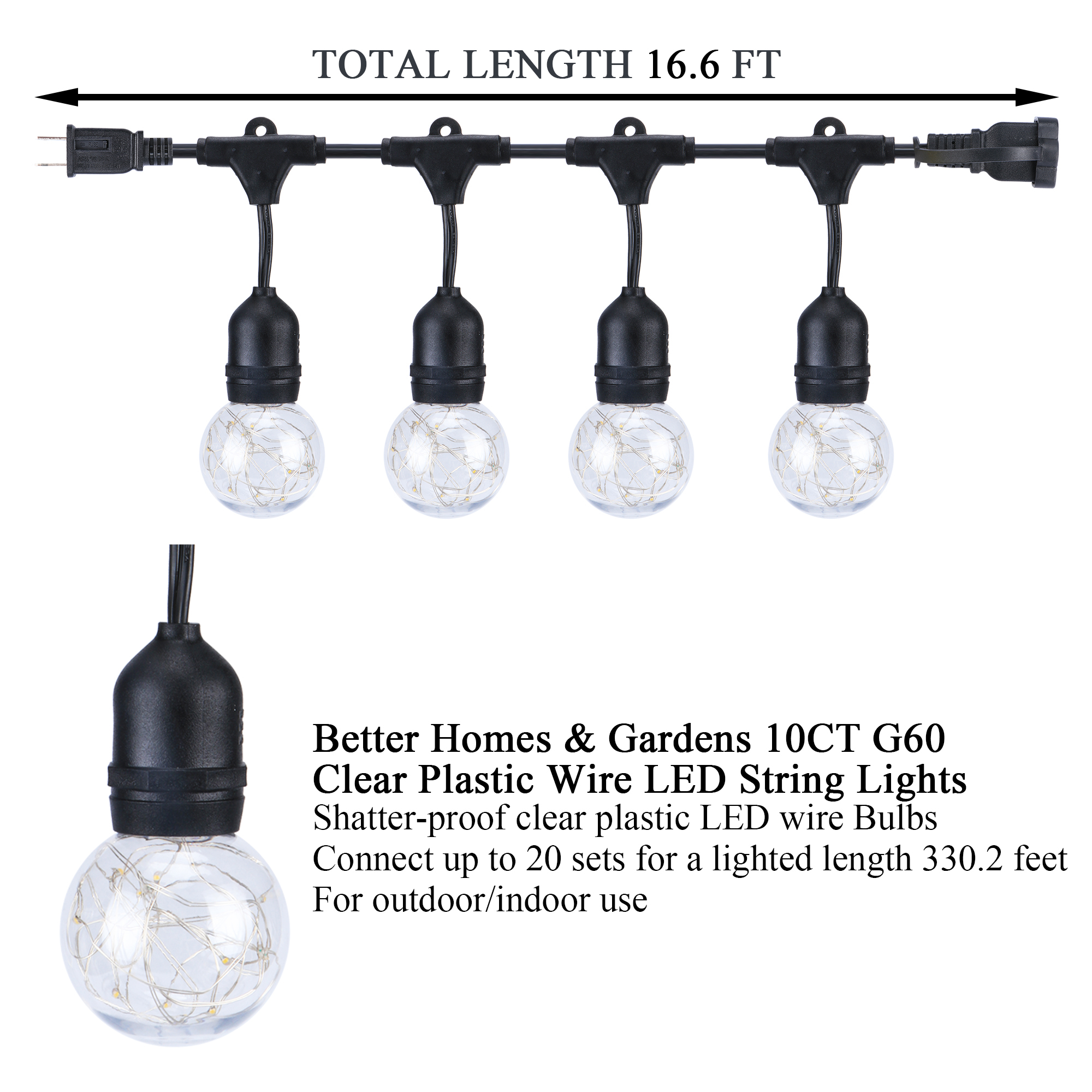 Better Homes & Gardens 110 Volts Electric 14.8 feet 10 Count G60 Clear Plastic Bulbs Black Wire LED String Lights for Outdoor and Indoor Use