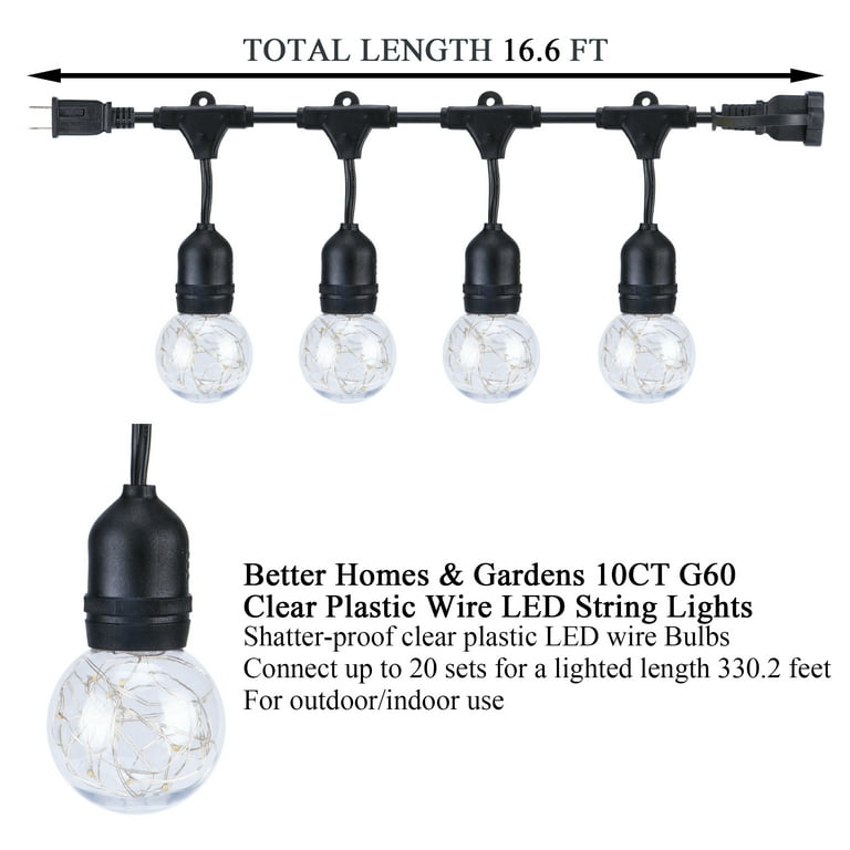 Better homes & gardens 110 volts electric 18.7 feet 20 count g40 clear glass globe bulbs deals