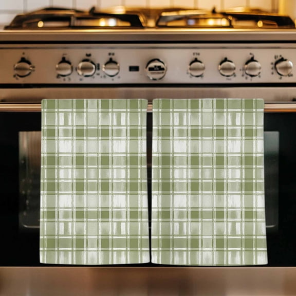 Sage Green Plaid Kitchen Towels Set of 1, Modern Art Checkered Farmhouse Absorbent Dish Towels for Kitchen, Microfiber Hand Towel, Quick Drying Tea Towel for Cleaning Decorative Dishcloths