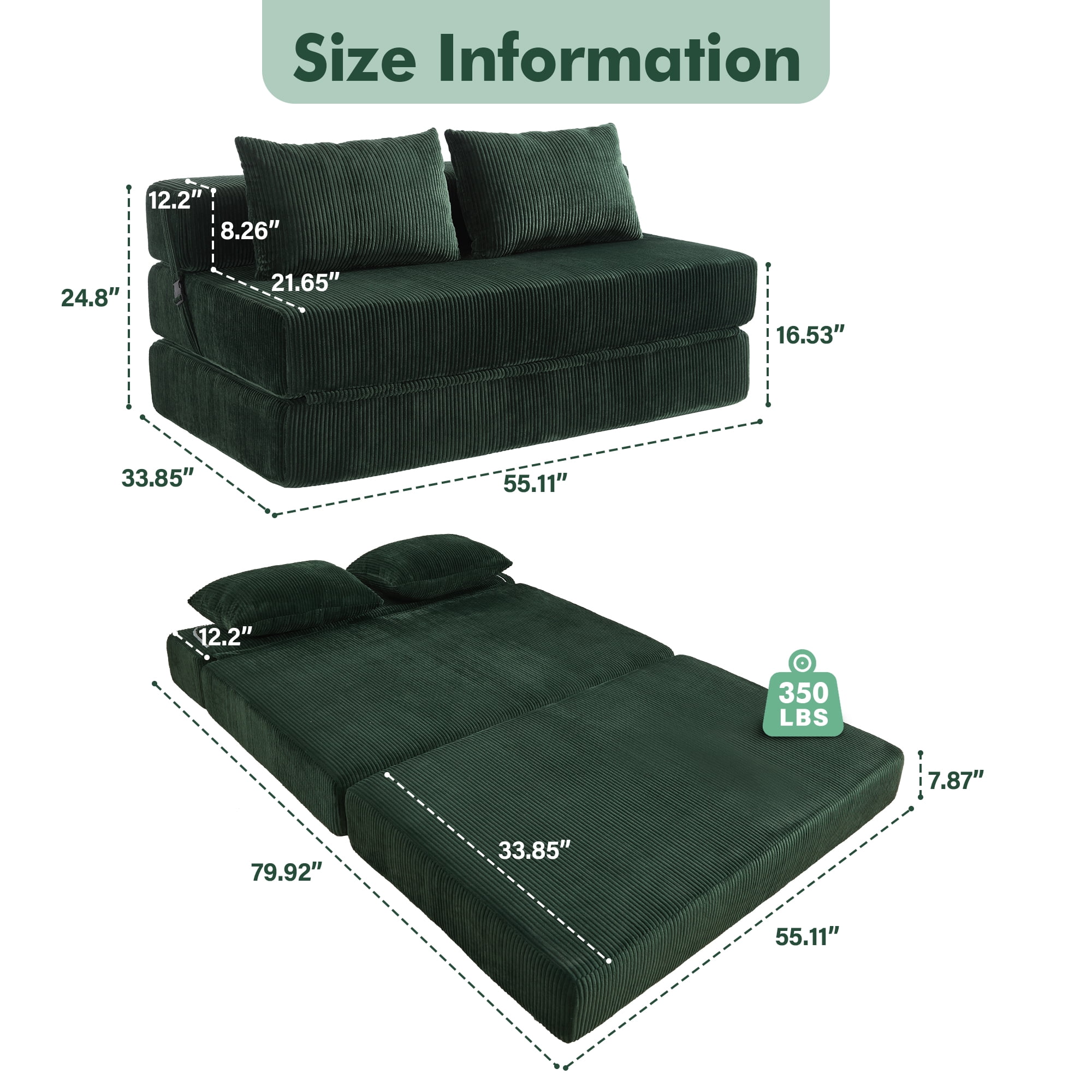 Aukfa Full Size Folding Sofa Bed, Loveseat Sleeper, Corduroy Convertible Floor Couch Mattress for Living Room, Dorm, Guest Room, Green