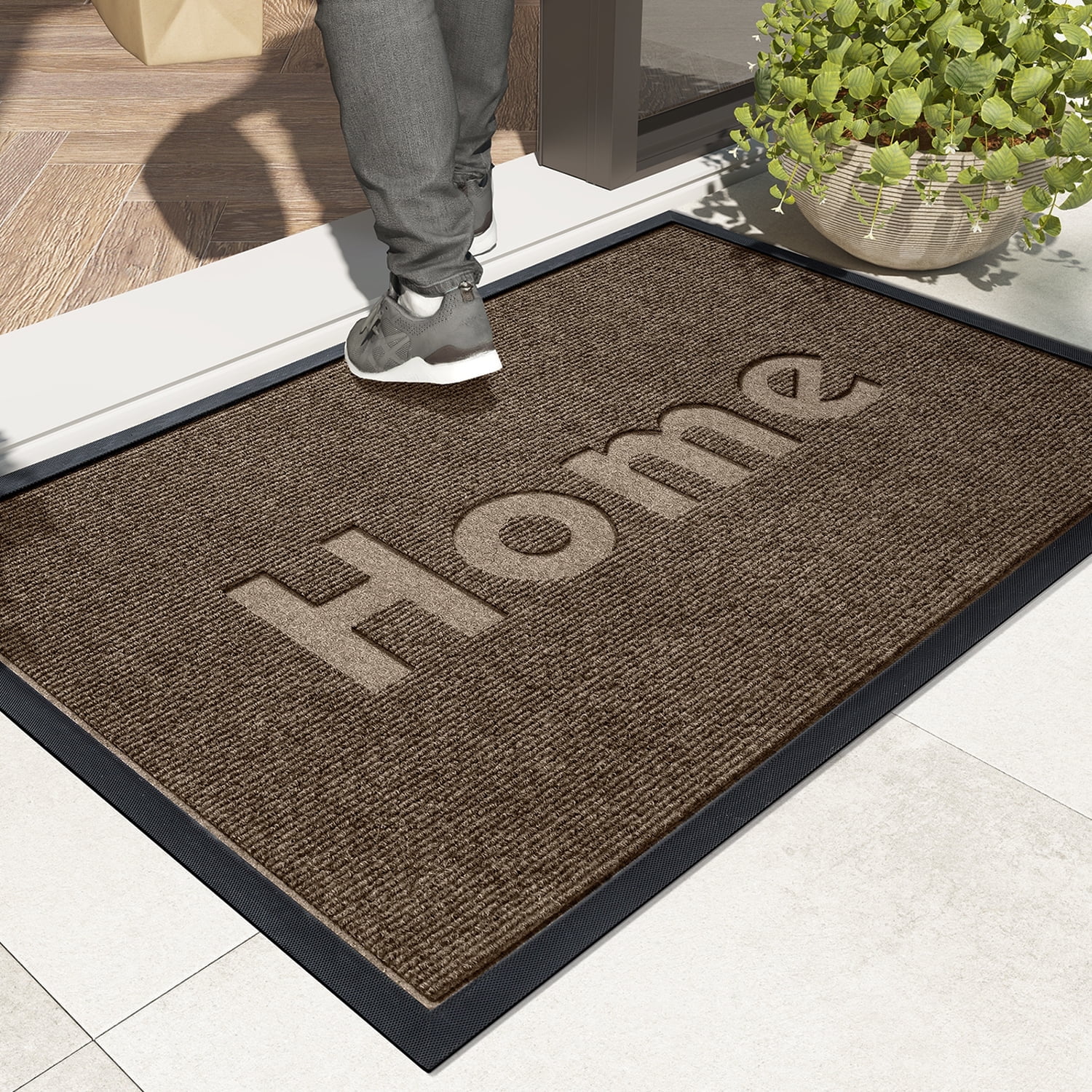 PABUBE Indoor and Outdoor Doormat,Non-Slip Front Doors Rug Washable,Low Profile Doormat for Inside,Heavy Duty Welcome Mat,Dirt Trapper Outdoor Mat for Front Doors Entryway Rug Entry Rug,Brown,18"x29"