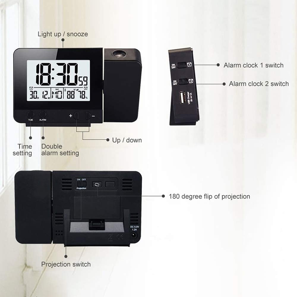 Projection Alarm Clock For Bedroom With Thermometer Hygrometer Digital Project Ceiling Clock Dimmable Led Display With Usb 180°Rotable With Dual Alarms 12/24H Snooze