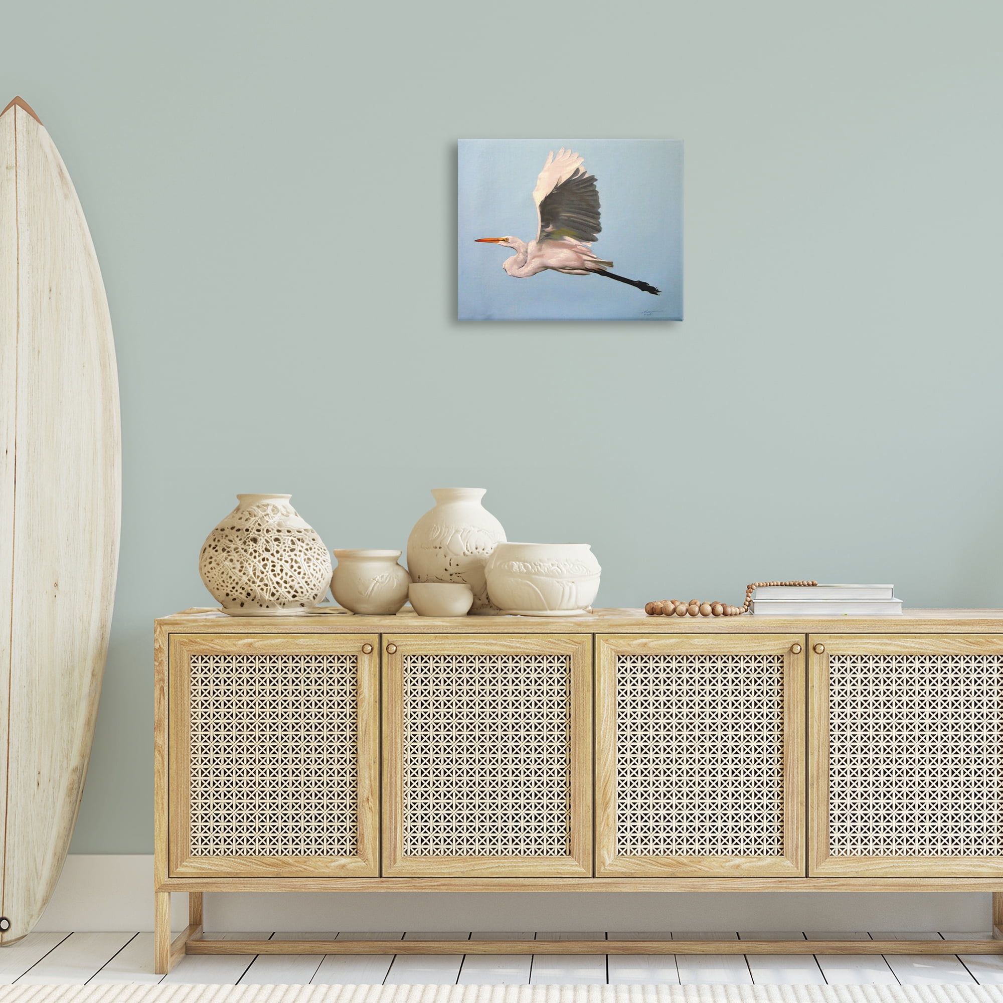 Stupell Industries Graceful Egret Flying Animals & Insects Painting Gallery Wrapped Canvas Art Print Wall Art, 20 x 16