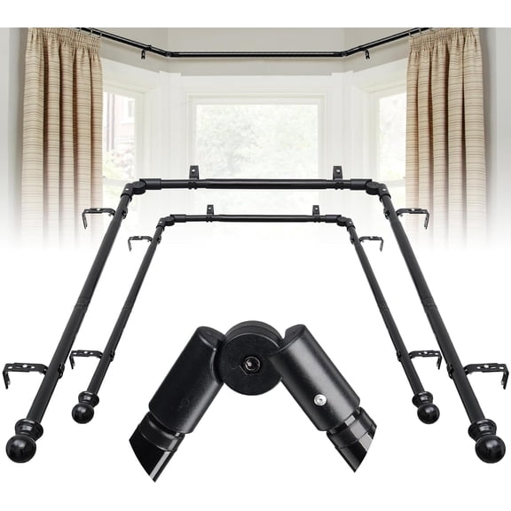 Bay Window Curtain Rods, 2PCS 1 Inch U shaped Adjustable curtain rods for bay windows 59 to 184 Inches, Heavy Duty Curtain Rods with Brackets for Bedroom, Living Room Curtains Black