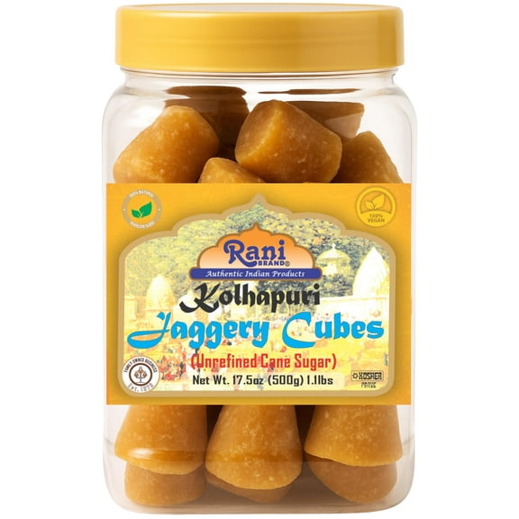 Rani Kolhapuri Jaggery Cubes (Unrefined Cane Sugar) 17.5oz (1.1lbs) 500g PET Jar ~ All Natural, No Color added, Gluten Friendly | Vegan | NON-GMO | Kosher | No Salt or fillers