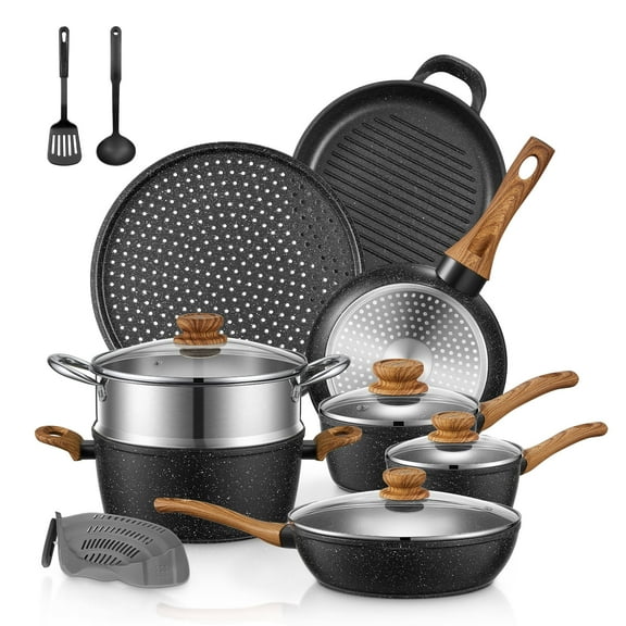 Fohere 15-Piece Pots and Pans Set Non Stick, Induction Kitchen Cookware Sets, Aluminum, Black