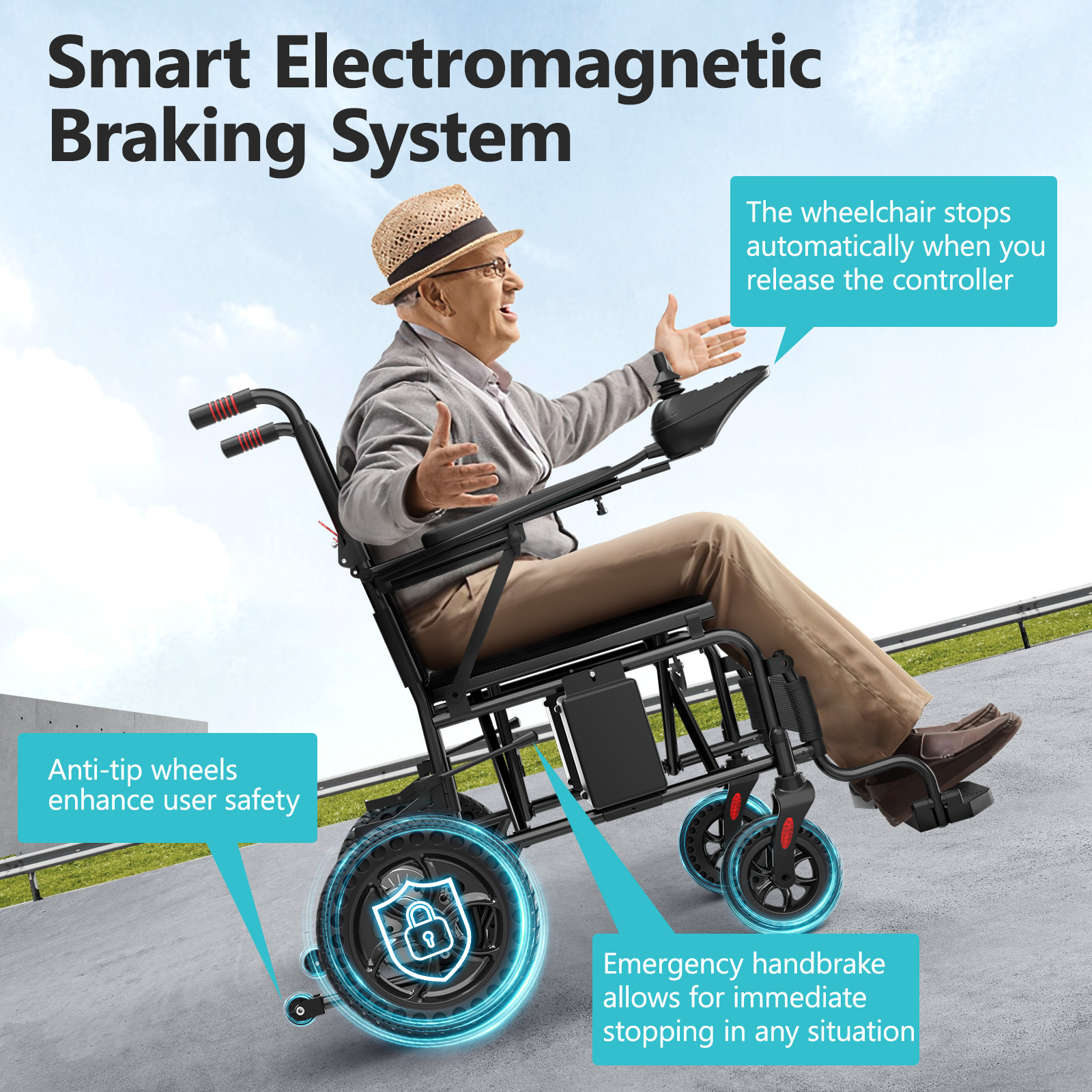 AMZFUN Folding Electric Wheelchair, 20 Mile Range With 500W Motor, Puncture Resistant Tires, All Terrain Use, Easy to Operate, Lightweight and Portable for Travel and Transportation