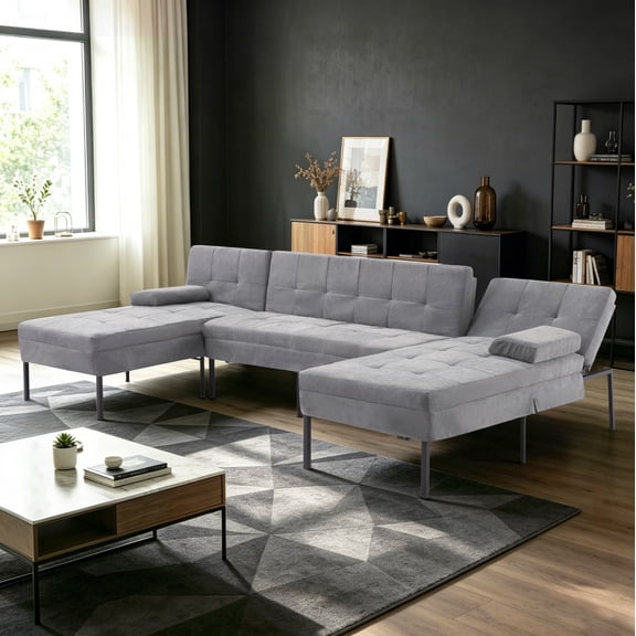 BSHTI 107.09" U Shape Sofa Bed with Adjustable Backrest, Soft 4 Seater Couch for Living Room(Dark Gray)