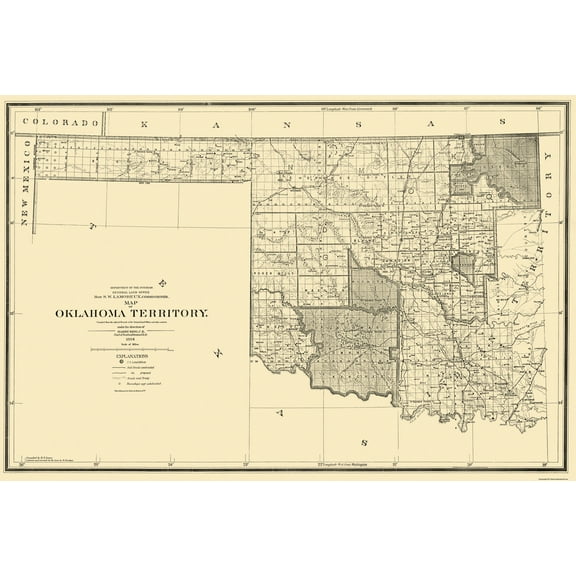 Historic State Map - Oklahoma Arapahoe Territory - King 1894 - 34.25 x 23 - Vintage Wall Art