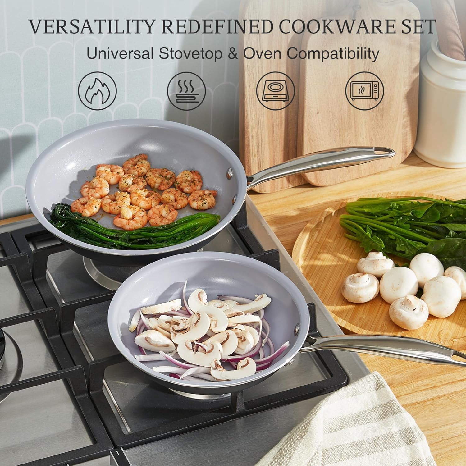 KITEXPERT Non Stick Frying Pans Set, Titanium Ceramic Pan Skillet Set Non Toxic, 8" 9.5" 11" Nonstick Frying Pan, Stainless Steel Handle, Dishwasher & Oven Safe,, Cream