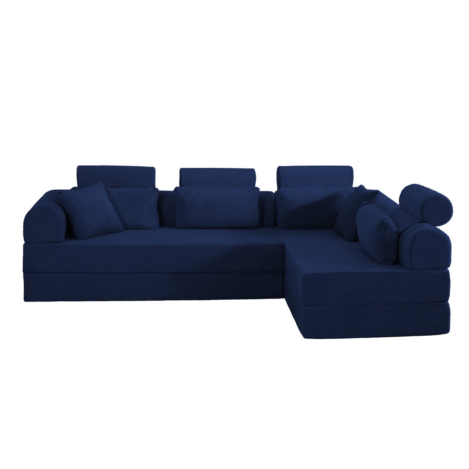 L-Shaped Sectional Sofa Converts to Bed, Corduroy Chaise Lounge with 28D High-Density Foam, No Assembly Compressed Couch for Apartments and Studios, Blue