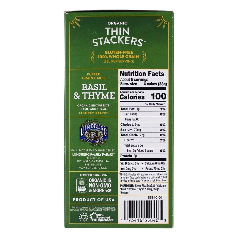 Lundberg, Organic Thin Stackers, Puffed Grain Cakes, Basil & Thyme, Lightly Salted, 24 Rice Cakes, 6 oz (168 g) Pack of 3
