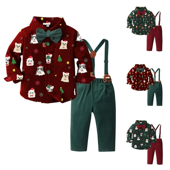 Ulanda Baby Toddler Boy Christmas Outfit Reindeer Printed Detachable Bow Shirt Top Suspenders Pant Sets Boys Christmas Outfit (, 3-4 Years)