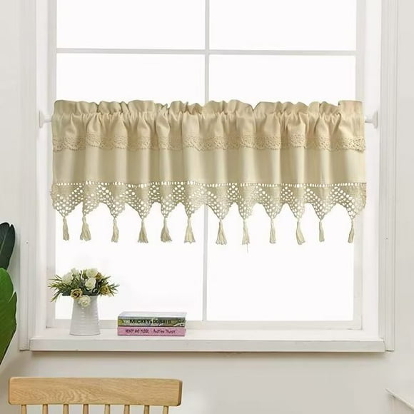 ZH.H Kitchen Linen Valances Tassel Crochet Curtain Window Treatment Rod Pocket Beige 23"×59"