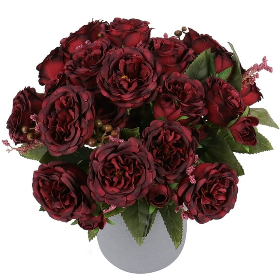 Artificial Peonies Silk Flowers, Burgundy Faux Peony Bouquet 4 Bundles Florals Arrangements for Farmhouse Home Boho Wedding Table Centerpiece, Fake Plastic Flowers Bulk for Vase Decoration (Burgundy)