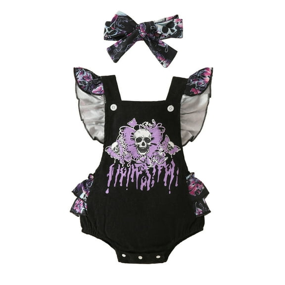 Baby Onesies Girl Fly Sleeve Cartoon Halloween Backless Romper Bodysuits Headbands Set Baby Rompers Girl Black 9 Months-12 Months