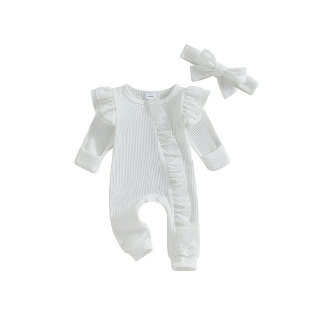 SUNSIOM Combinaison pour Bébé Fille, Col Rond Manches Volantes à Volants avec Fermeture Éclair et Bandeau Nœud 0-12M