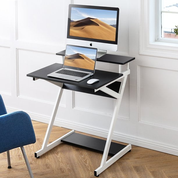 Z Shaped Home Office Desk with Storage Shelves for Small Spaces,Dripex Compact Corner Desk Space-Saving,Black Computer Desk with Monitor Shelf 