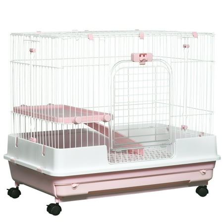 Zootealy Small Animal Cage With Wheels 32 Inch Powder Coated Metal Rabbit Hutch Removable Tray Ramp Platform for Indoor Ferret Chinchilla Guinea Pig