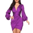 thumbnail image 1 of Vestido LightlyKiss, fruncido, curvo, a media pierna, cuello en V, manga larga, morado, 1 of 7