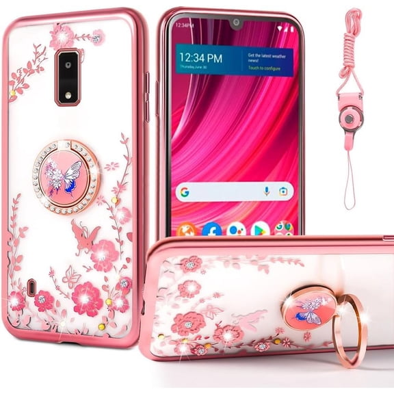 nancheng Cute Case for Motorola Moto Edge 2025 Girls Women Flower Clear Phone Case, Pink TPU Bumper Shockproof Protetion Cover with 360° Rotatable Ring Kickstand Lanyard, Rose Butterfly