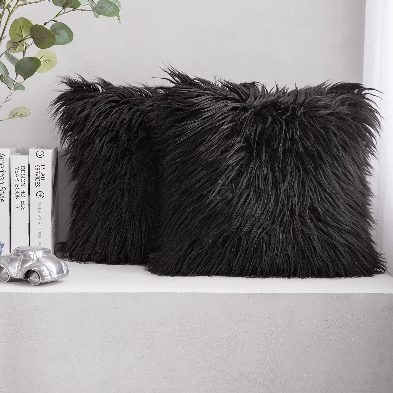 Phantoscope Designer's Choice Faux Fur Decorative Throw Pillow + Area Rug Bundle, 18" x 18"/ 2' x 6', Black, 2 Pillows + 1 Rug