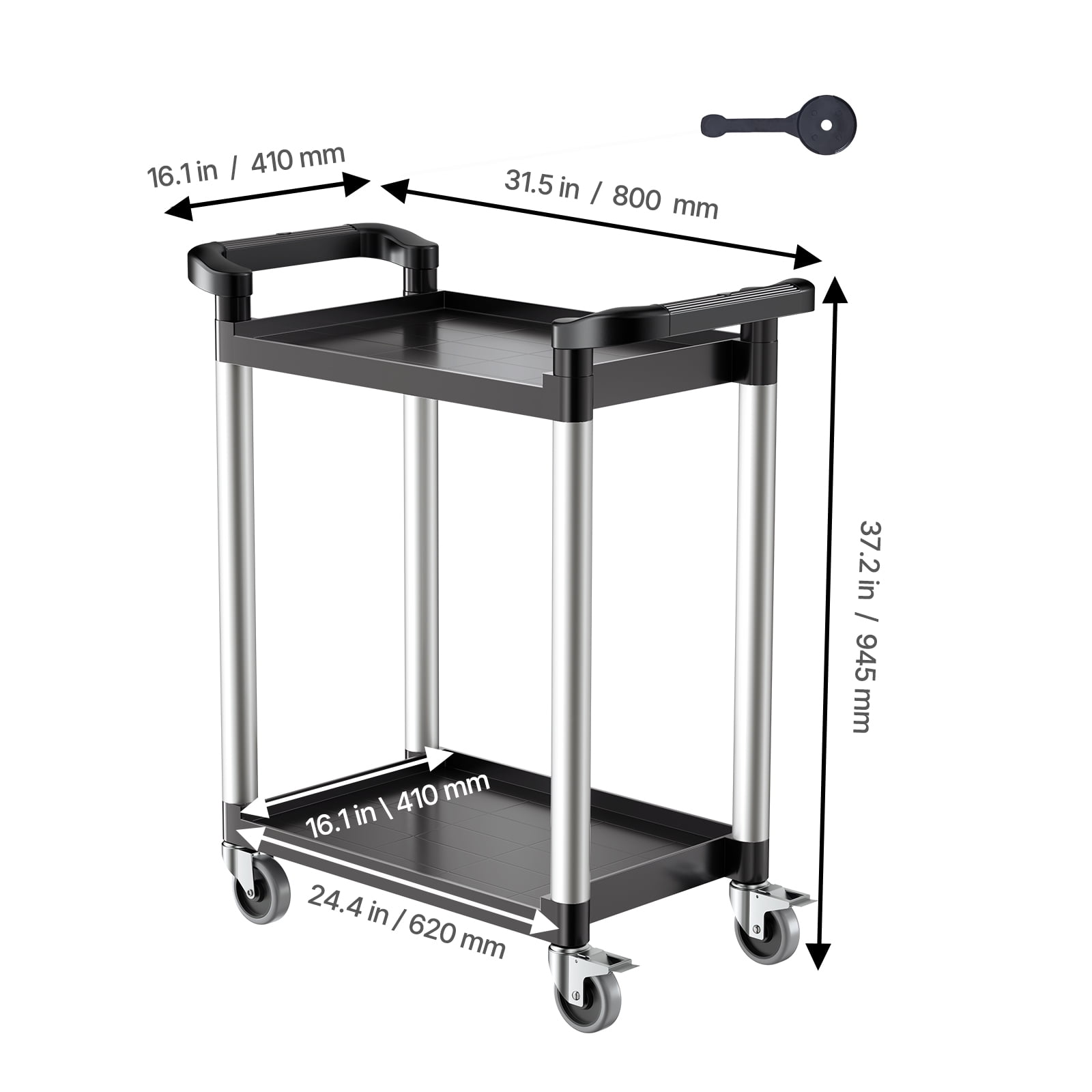 VEVOR Utility Cart, 300 lbs Load Capacity, 2-tier Utility Plastic Cart with 360° Swivel Wheels (2 with Brakes), 24.4 x 16.1-inch Food Service Cart for Warehouse, Office, Home, Restaurant, Kitchen