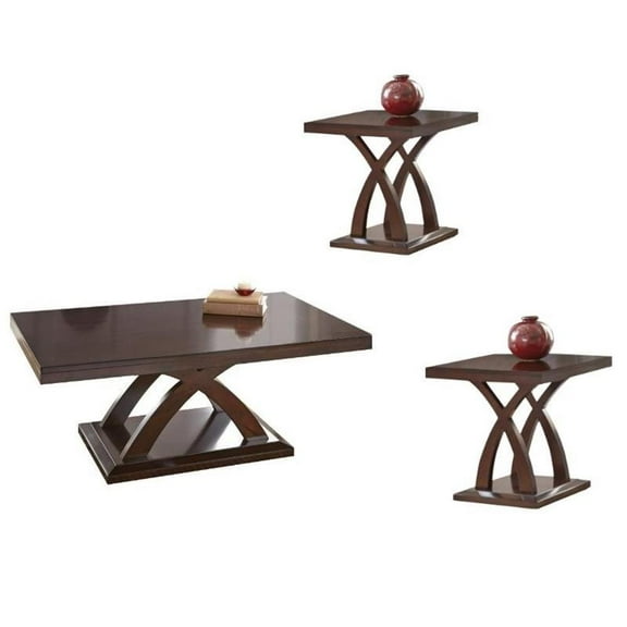 3 Piece Modern Wood Coffee Table and End Table Set in Espresso Cherry