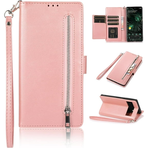 Wallet Case for Google Pixel 6, 5 Card Slots Magnetic Closure Zipper Pocket Handbag PU Leather Flip Case with Wrist Strap TPU Kickstand Full Protection Cover - Rose Gold