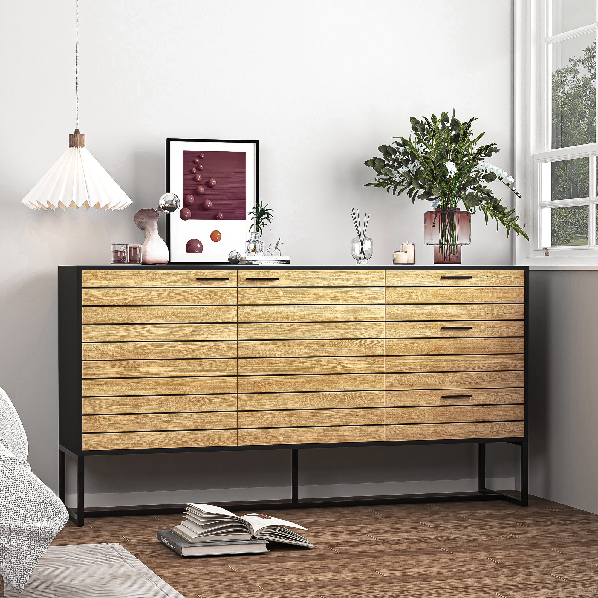 Kadyn Entryway Storage Cabinet, Floor Storage Cabinet for Kitchen Living Room, Storage Sideboard Buffet Cabinet with Drawers, Door and Adjustable Shelf, Brown + Black Kadyn Entryway Storage Cabinet, Floor Storage Cabinet for Kitchen Living Room, Storage Sideboard Buffet Cabinet with Drawers, Door and Adjustable Shelf, Brown + Black