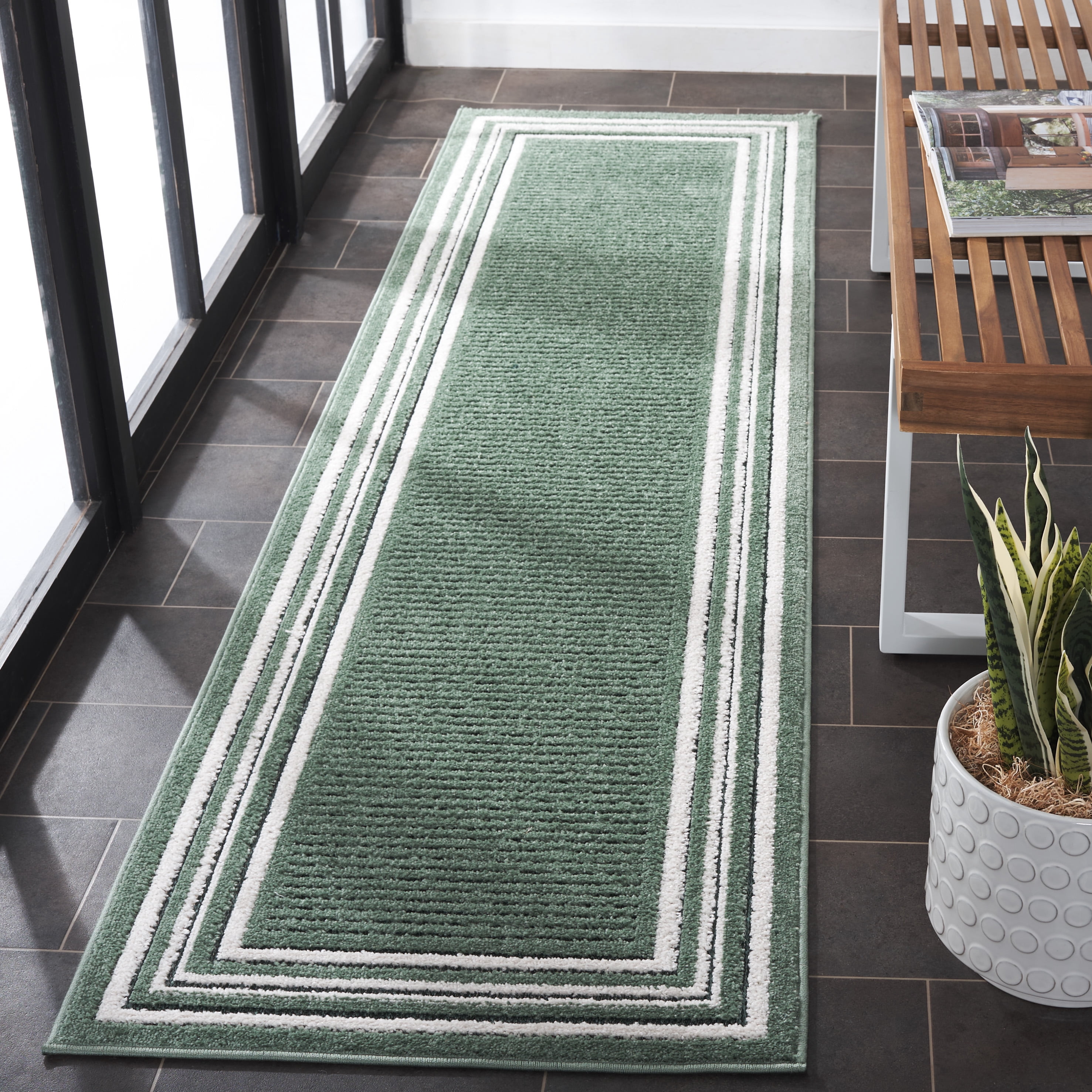 SAFAVIEH Cabana Rado Bordered Indoor/Outdoor Runner Rug, Green/Ivory, 2'2" x 8'