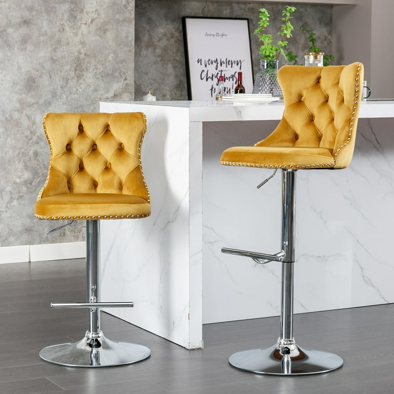 Modern Upholstered Tufted Swivel Velvet Bar Stools Set of 4 Blu Aired Merch Upholstery Yellow