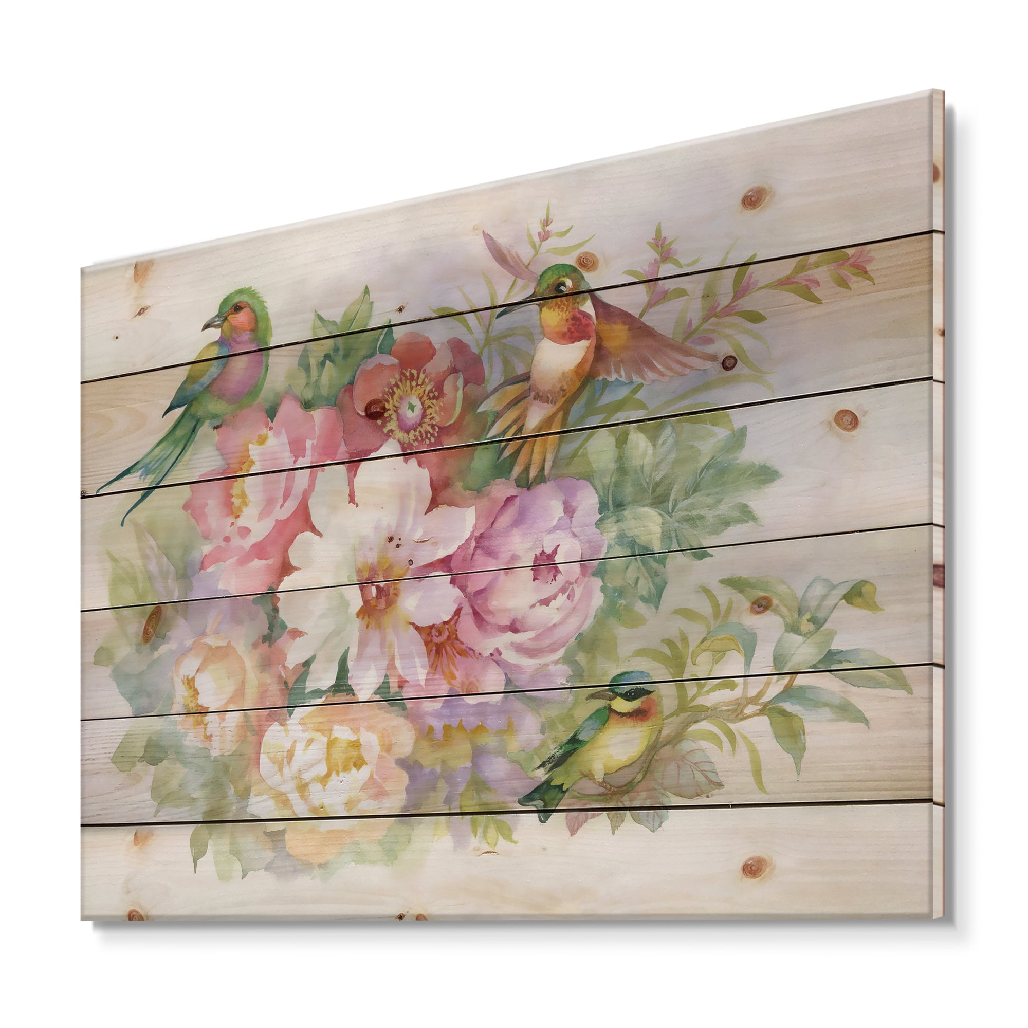Designart 'Colourful Birds and Vibrant VIntage Flowers' Traditional Print on Natural Pine Wood