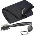 thumbnail image 1 of Microfiber Waffle Pattern Tri-Fold Golf Towel | Brush Tool Kit with Club Slot Cleaner, Retractable Extension Cord & Clip, Black, 1 of 4